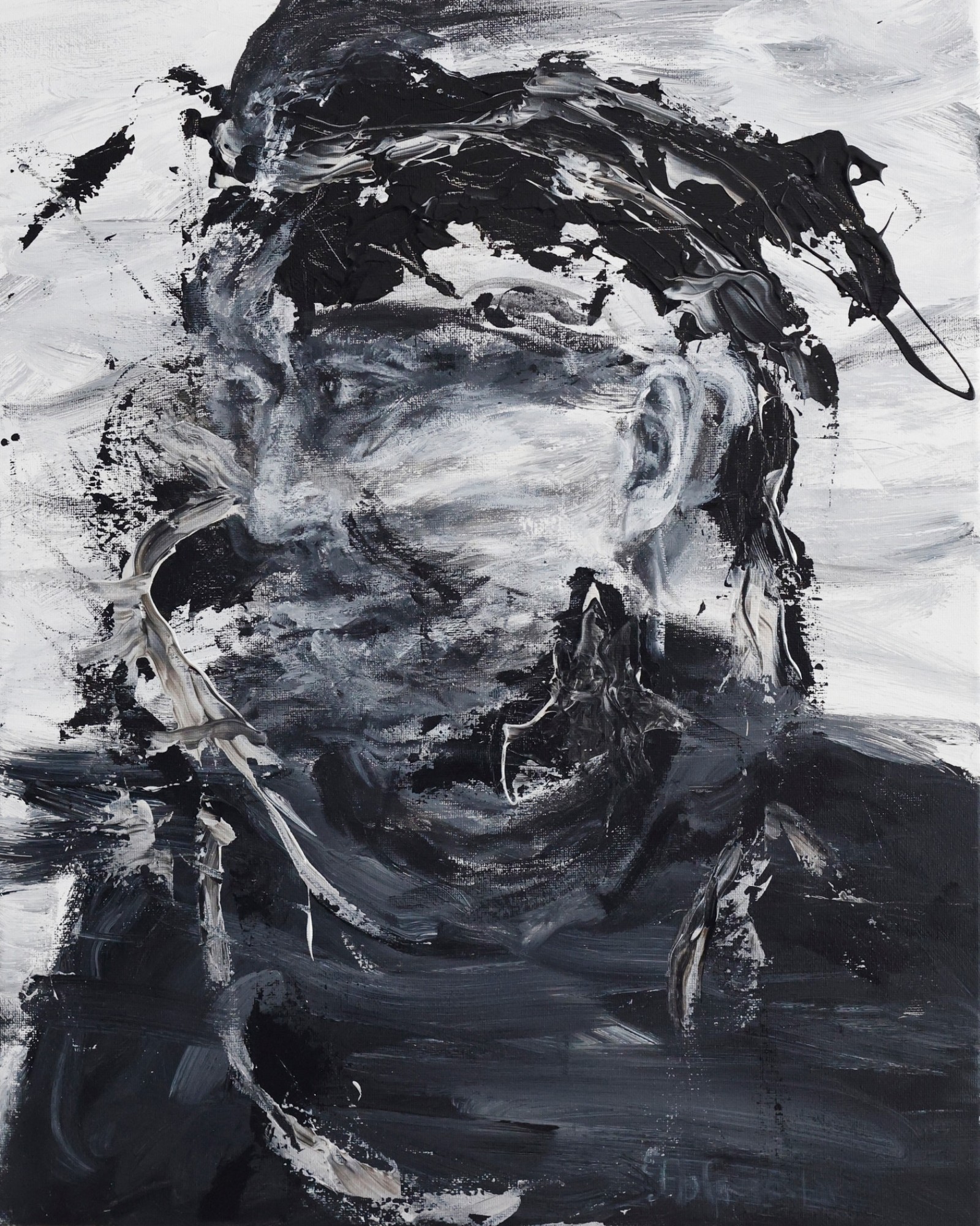 Zelfportret van Frans Hofmeester, zwart-wit schilderij, 2025